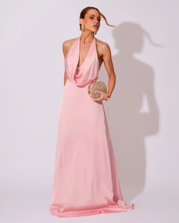 Vestido de Festa Longo Frente Única Degagê Cetim Fluido Rose Gold