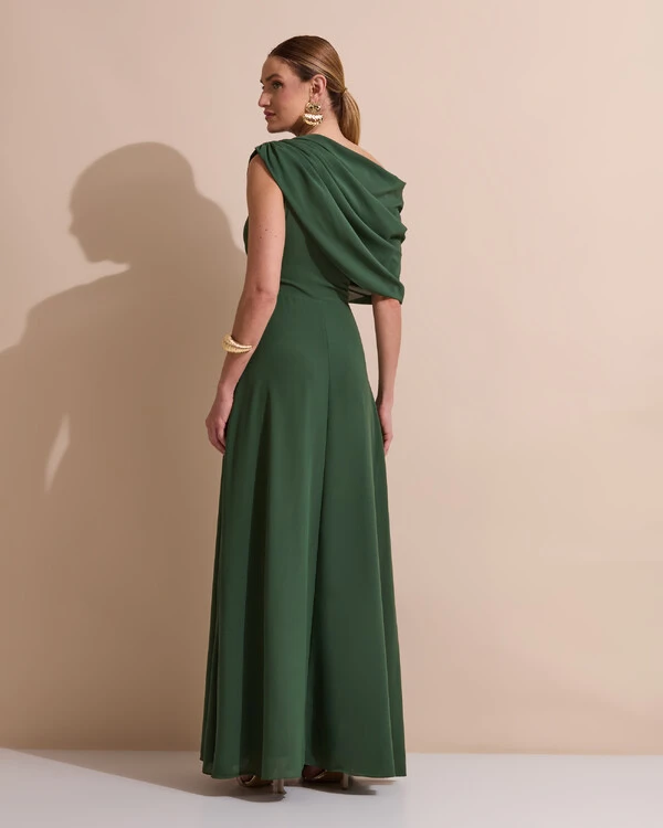 Vestido de Festa Longo Um Ombro Só Crepe Chiffon Capa Drapeado Verde Militar