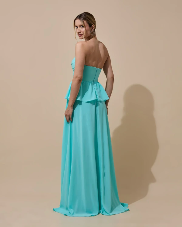 Vestido de Festa Longo Crepe Chiffon Tomara que Caia Peplum Drapeado Tiffany