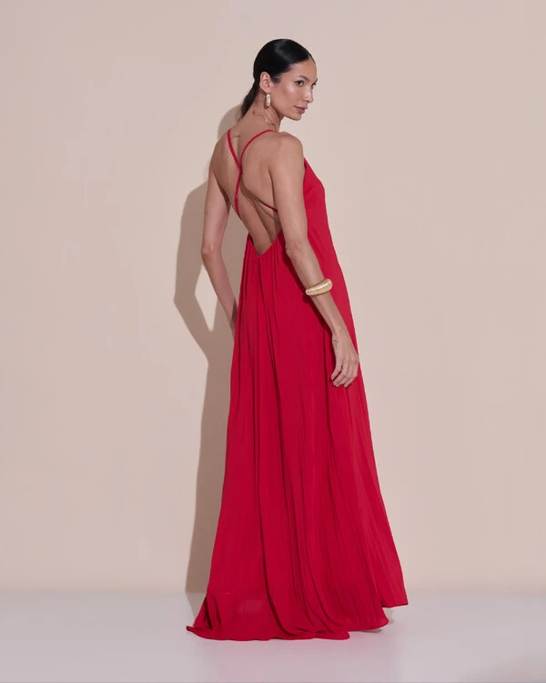 Vestido de Festa Longo Plissado Crepe Chiffon Decote V Alças Finas Vermelho