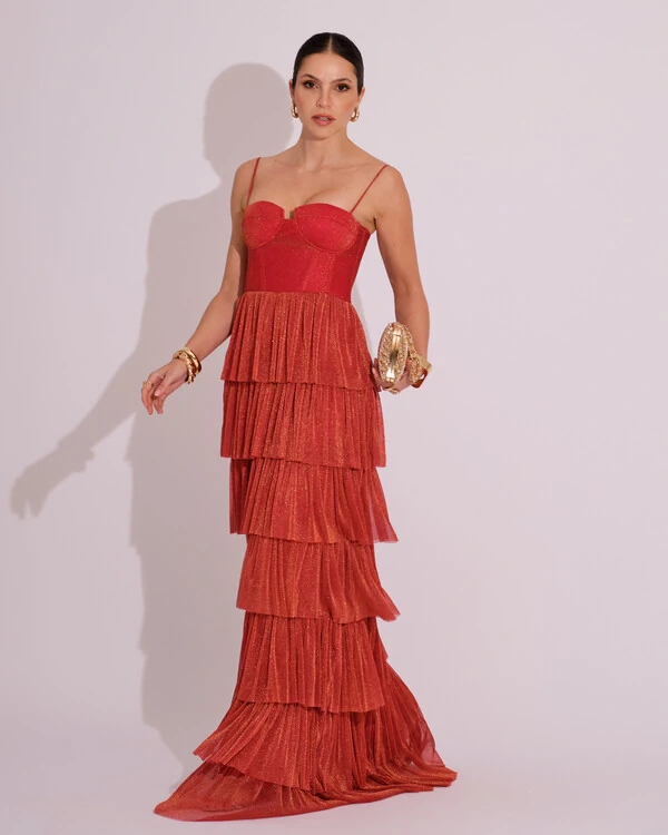 Vestido de Festa Longo Tule Glitter com Camadas Terracota