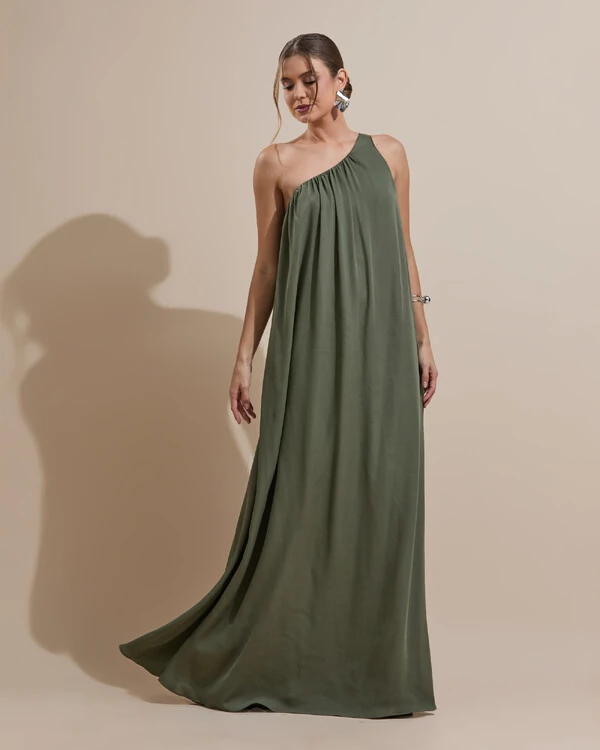 Vestido de Festa Longo Crepe Fluido um Ombro Só com Lenço Verde Oliva