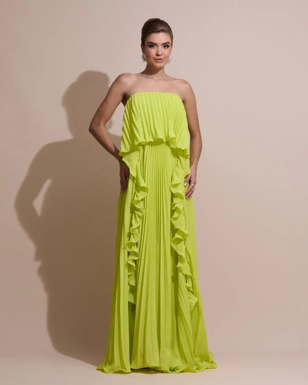 Vestido de Festa Longo Crepe Chiffon Tomara que Caia Plissado com Babado Cascata Verde Lima