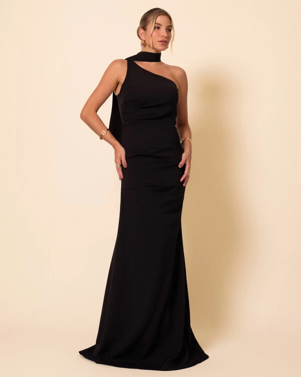 Vestido de Festa Longo Alafataria Um Ombro Só Detalhe Drapeado Preto