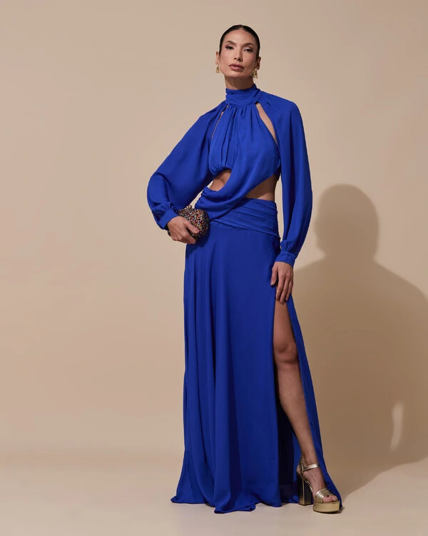 Vestido de Festa Longo Gola Alta Crepe Chiffon Recortes Drapeado Manga Longa Fenda Azul Royal