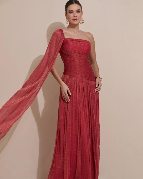Vestido de Festa Longo Um ombro Só Tule Brilho Drapeado Capa Terracota