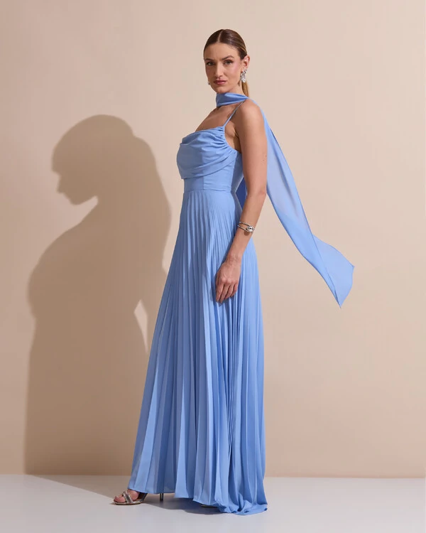 Vestido de Festa Longo Crepe Chiffon Plissado Trançado e Lenço Azul Atlantis
