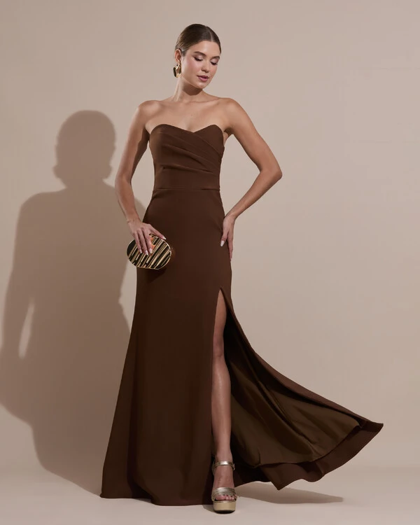 Vestido de Festa Longo Tomara que Caia Alfaiataria Marrom