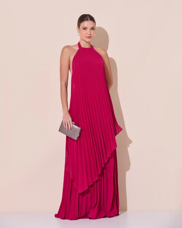 Vestidos de Festa Longo Chiffon Fluido Frente Única Plissado Duplo Cereja