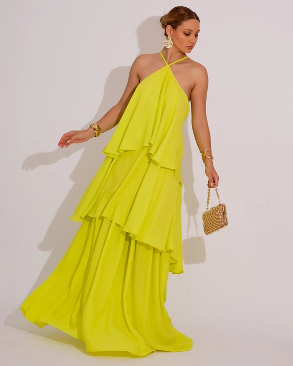 Vestido Longo Babado em Camadas Verde Lima New