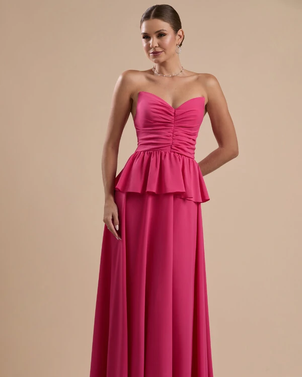 Vestido de Festa Longo Crepe Chiffon Tomara que Caia Peplum Drapeado Pink New