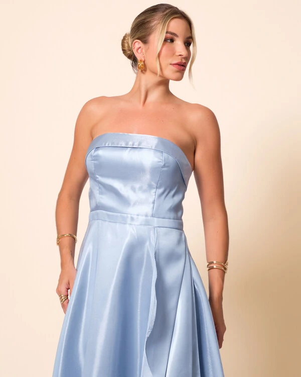 Vestido de Festa Longo Cetim Cristal Tomara que Caia Detalhe Serenity