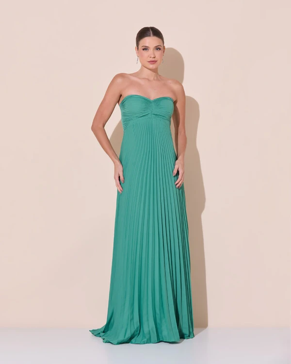 Vestido de Festa Longo Tomara que Caia Plissado com Lenço Verde Matcha Escuro