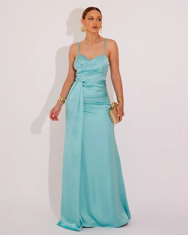 Vestido de Festa Longo Cetim Alfaiataria Fenda Drapeada Tiffany