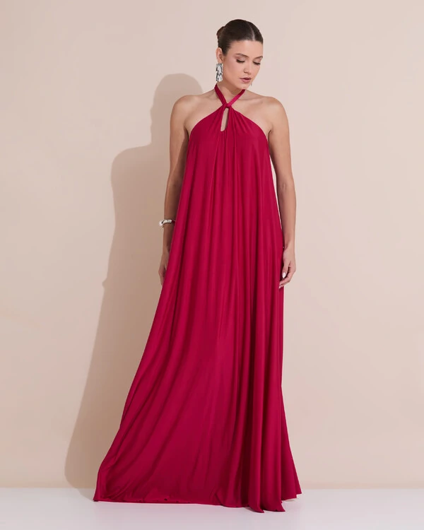 Vestido Longo com Amarração em Malha Cereja