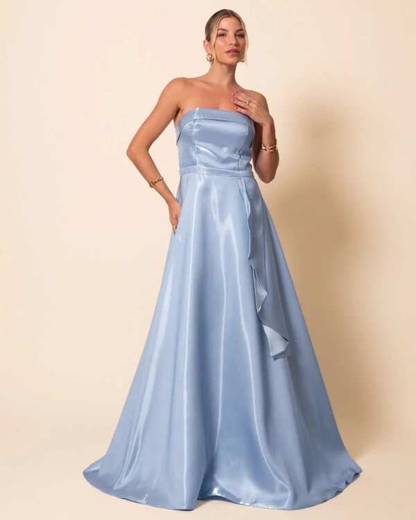 Vestido de Festa Longo Cetim Cristal Tomara que Caia Detalhe Serenity