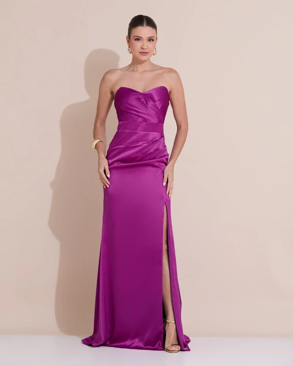 Vestido de Festa Longo Cetim Alfaiataria Tomara que Caia Fenda Fúcsia