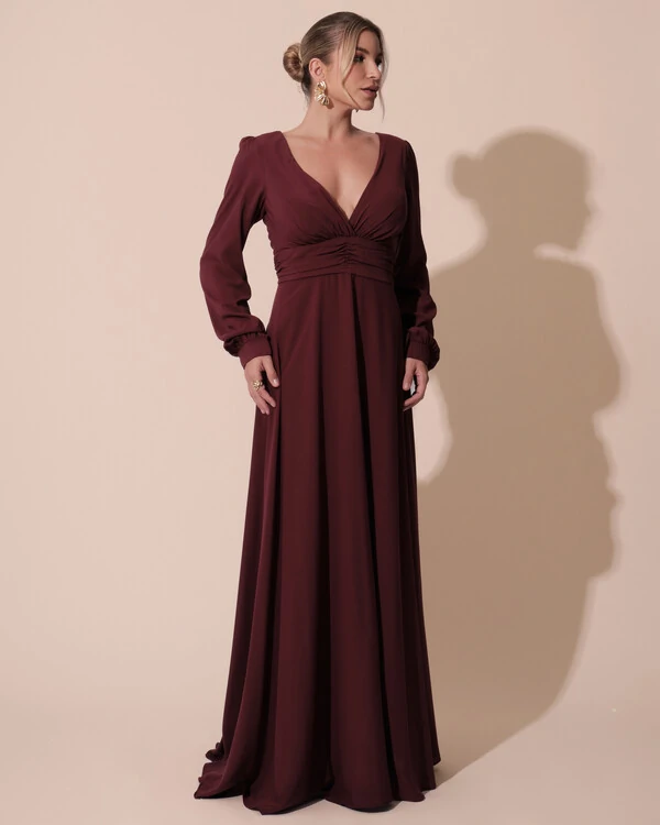 Vestido de Festa Manga Longa com Cintura Drapeada Decote V Marsala