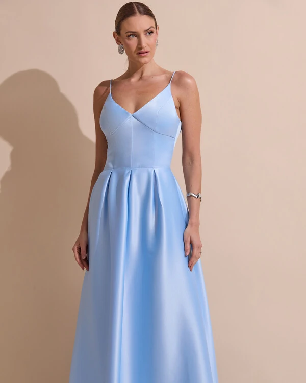 Vestido de Festa Longo Alça Fina Decote V Cetim Saia Evasê Serenity