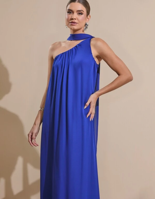 Vestido de Festa Longo Crepe Fluido um Ombro Só com Lenço Azul Royal