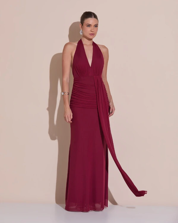 Vestido de Festa Longo Frente Única Decote V Tule Drapeado Faixa Marsala