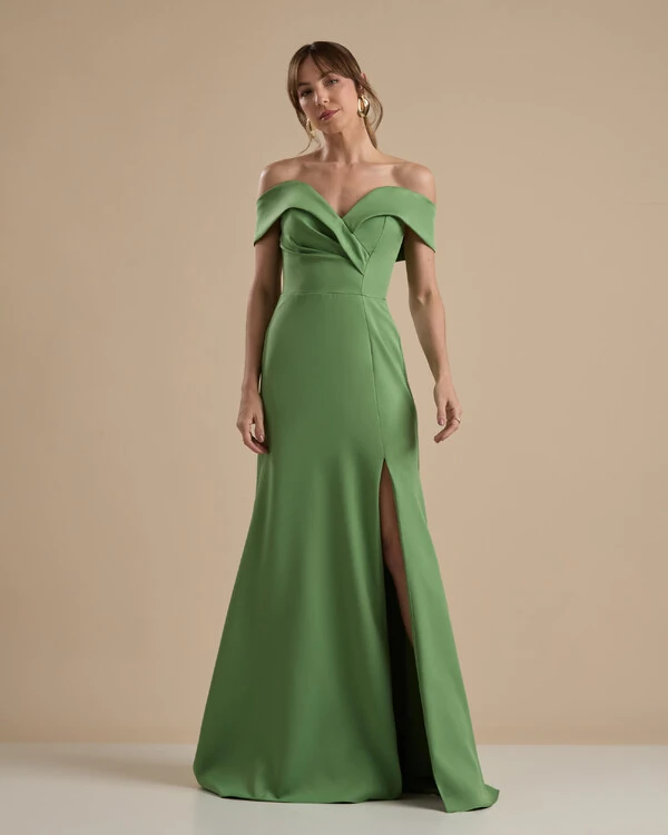 Vestido de Festa Longo Alfaiataria Ombro a Ombro com Fenda Verde Matcha