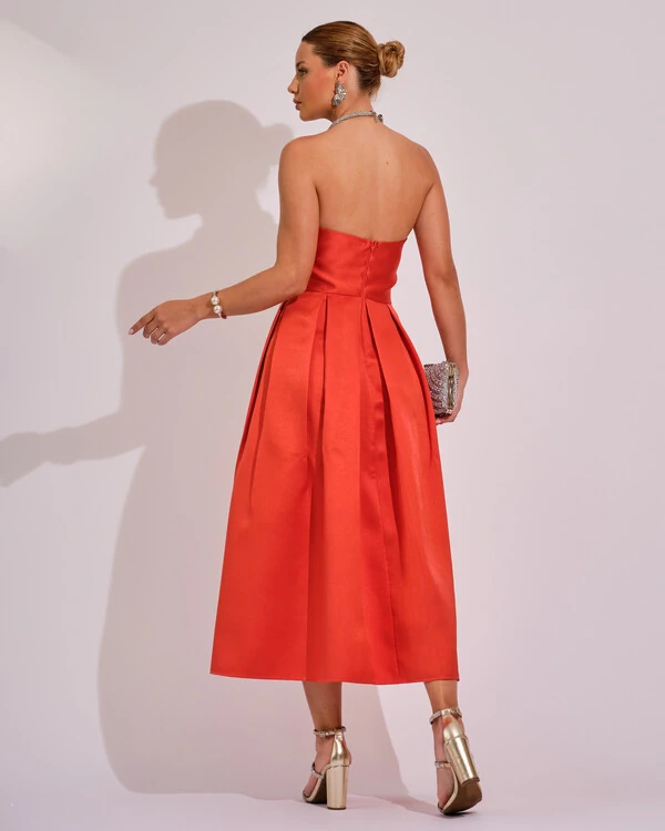 Vestido Midi Tomara que Caia Zibeline Com Pregas Laranja