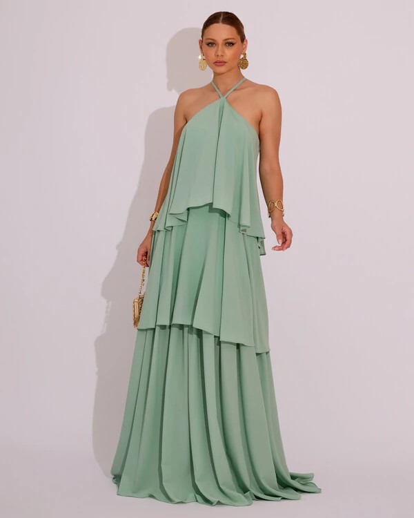 Vestido Longo Babado em Camadas Verde Menta