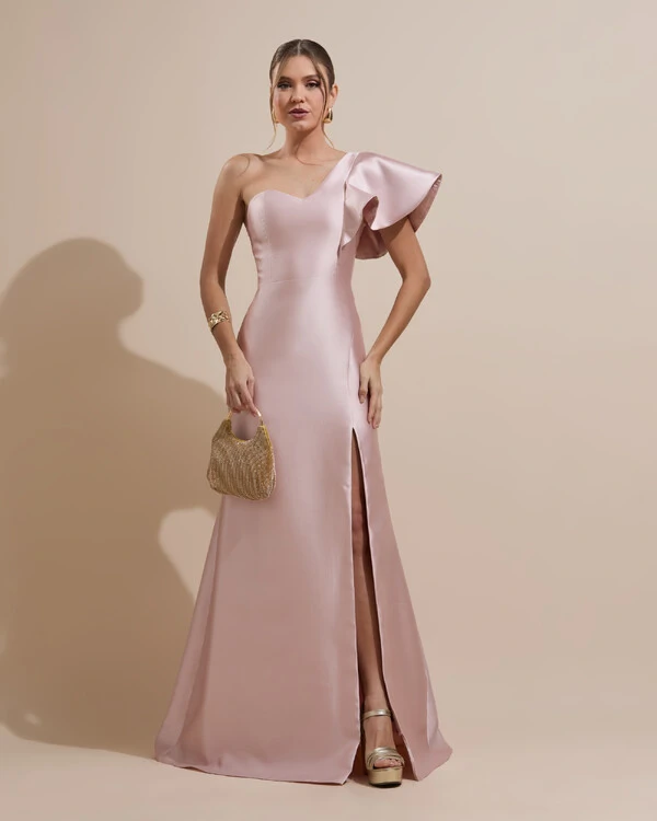 Vestido de Festa Longo um Ombro Tomara que Caia Zibeline Rosa Nude