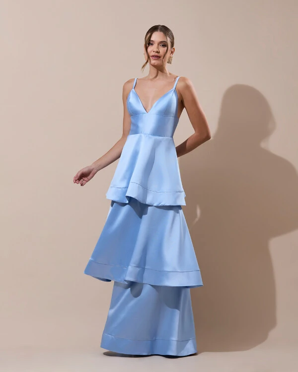 Vestido de Festa Longo Zibeline em Camadas Decote em V com Alças Serenity New