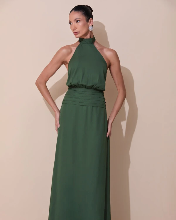 Vestido de Festa Longo Frente Única Busto Blousê Crepe Chiffon Drapeado Verde Escuro