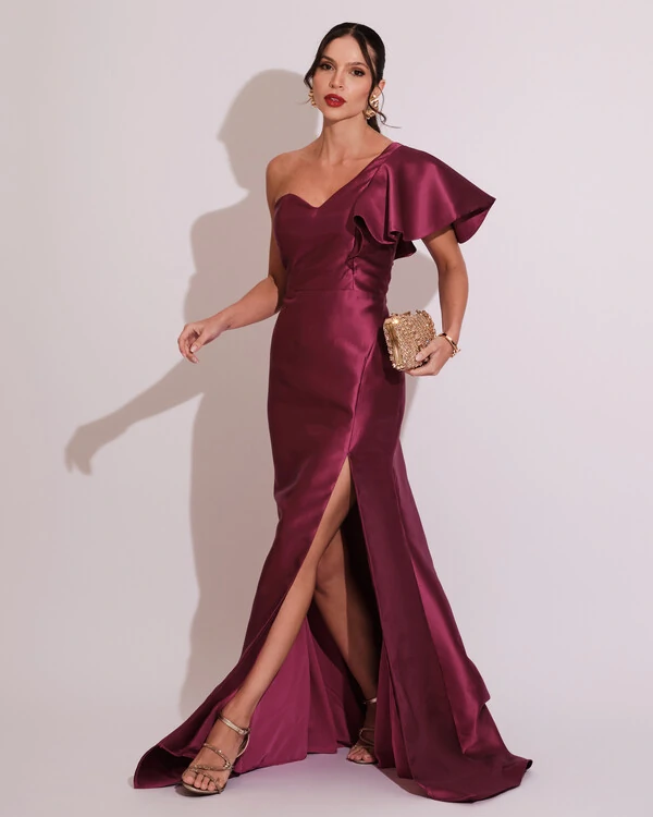 Vestido de Festa Longo um Ombro Tomara que Caia Zibeline Fúcsia
