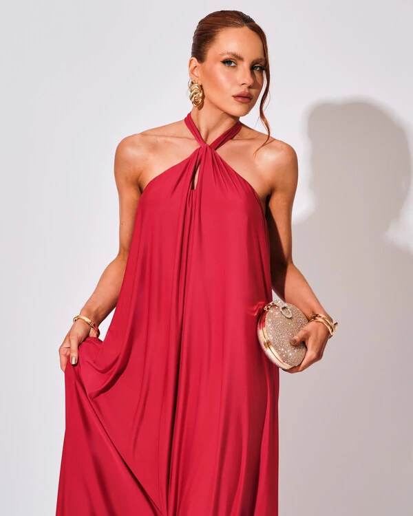 Vestido Longo com Amarração em Malha Cereja