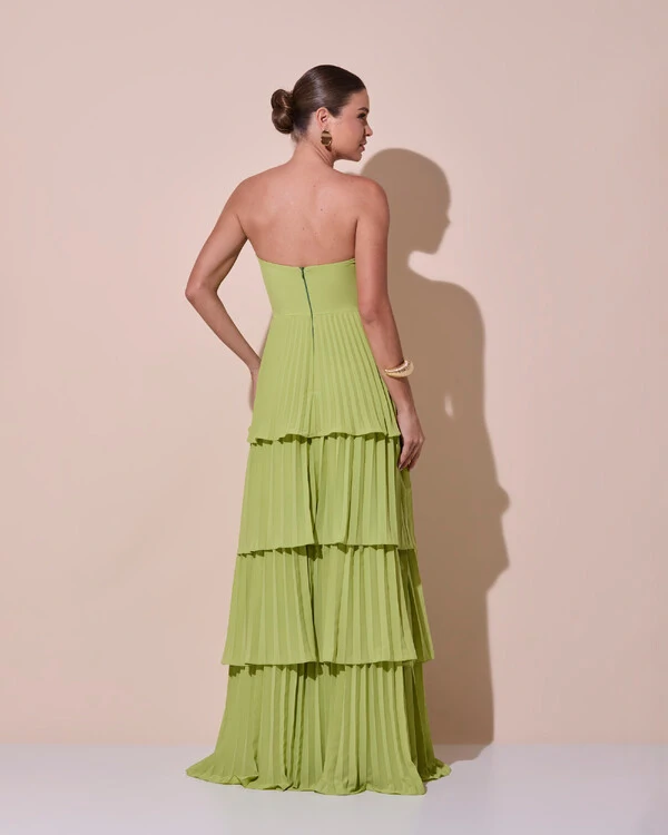 Vestido de Festa Longo Tomara que Caia Crepe Chiffon Plissado Camadas Verde Claro