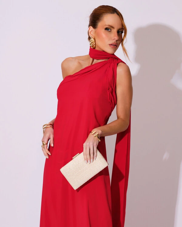 Vestido de Festa Longo Crepe Chiffon Um Ombro Só Drapeado Vermelho