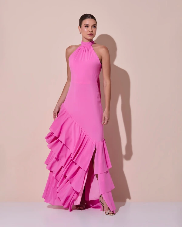 Vestido de Festa Longo Chiffon Crepe Gola Alta Babados Rosa New