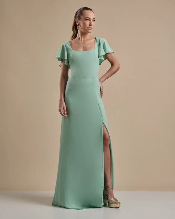 Vestido de Festa Longo Crepe Chiffon Manga Babado e Fenda Verde Menta