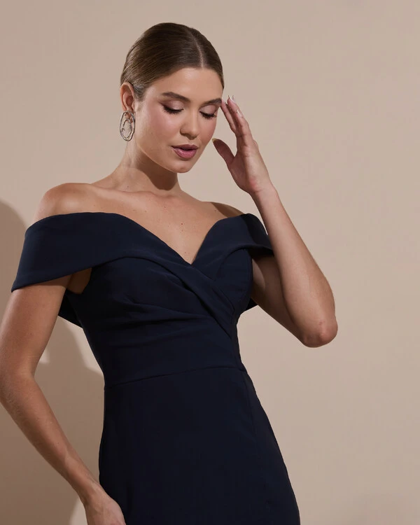 Vestido de Festa Longo Alfaiataria Ombro a Ombro com Fenda Azul Marinho Escuro