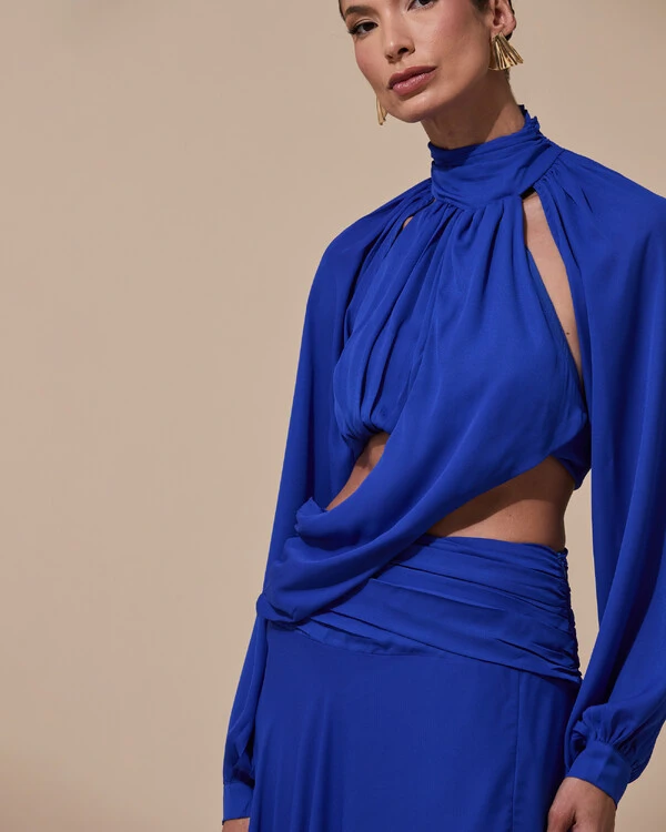 Vestido de Festa Longo Gola Alta Crepe Chiffon Recortes Drapeado Manga Longa Fenda Azul Royal