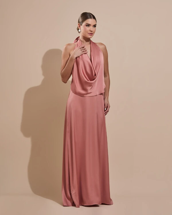Vestido de Festa Longo Cetim Fluido Frente Única Degagê Mil Formas Rosa Blush