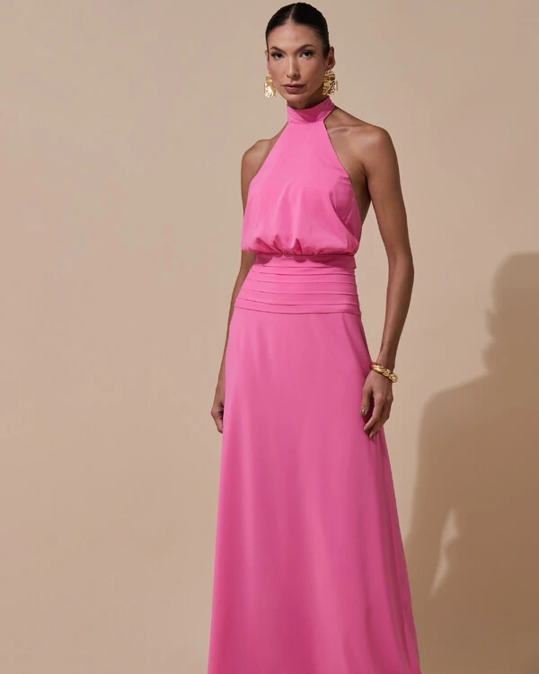 Vestido de Festa Longo Frente Única Busto Blousê Crepe Chiffon Drapeado Rosa