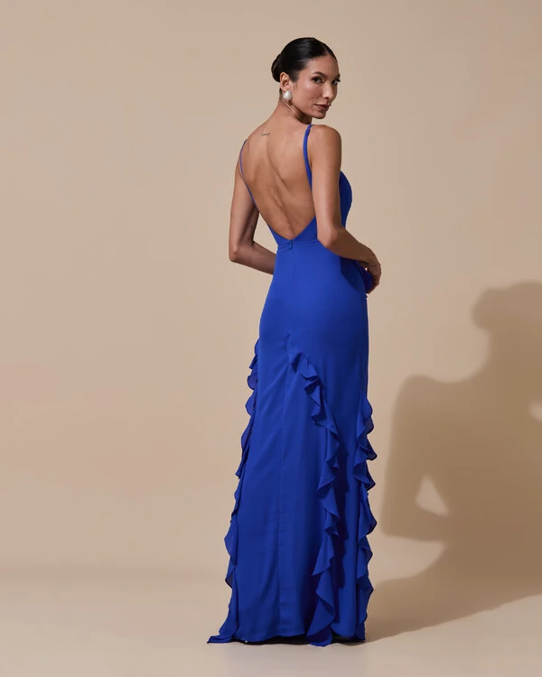 Vestido de Festa Longo Alças Finas Crepe Chiffon Babado Cascata Fenda Costas V Azul Royal