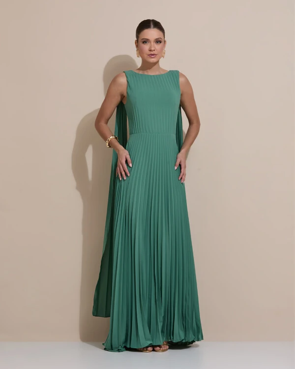 Vestido de Festa Longo Crepe Chiffon Plissado com Lenço nas Alças Verde Matcha Escuro