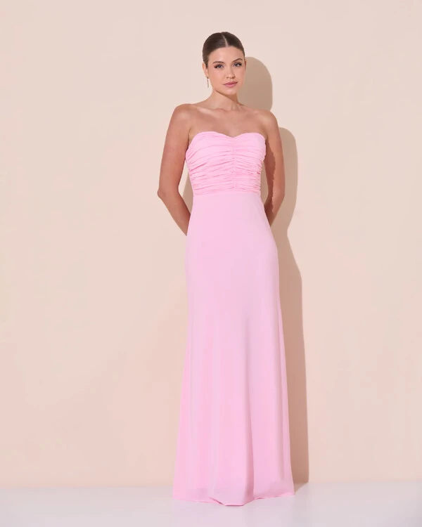 Vestido de Festa Longo Ombro a Ombro Plissado Crepe Chiffon Capa Flor 3D Rosa Claro