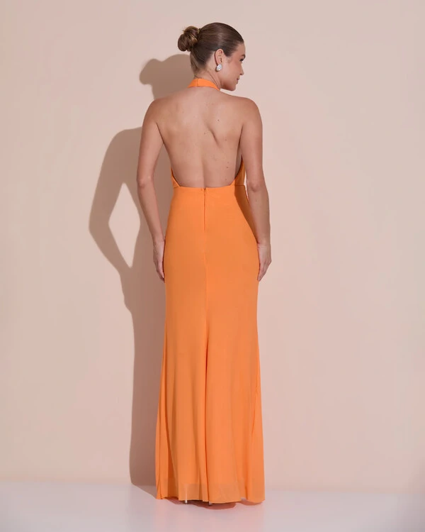 Vestido de Festa Longo Frente Única Decote V Tule Drapeado Faixa Laranja New