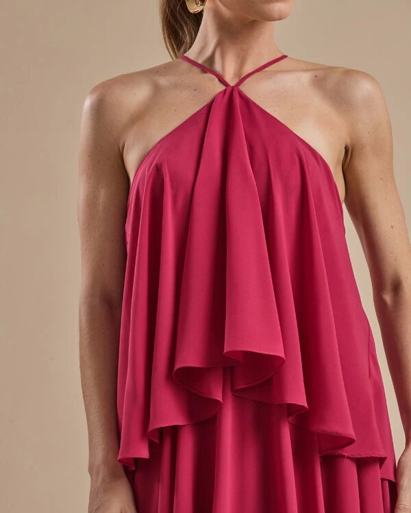 Vestido Longo Babado em Camadas Cereja
