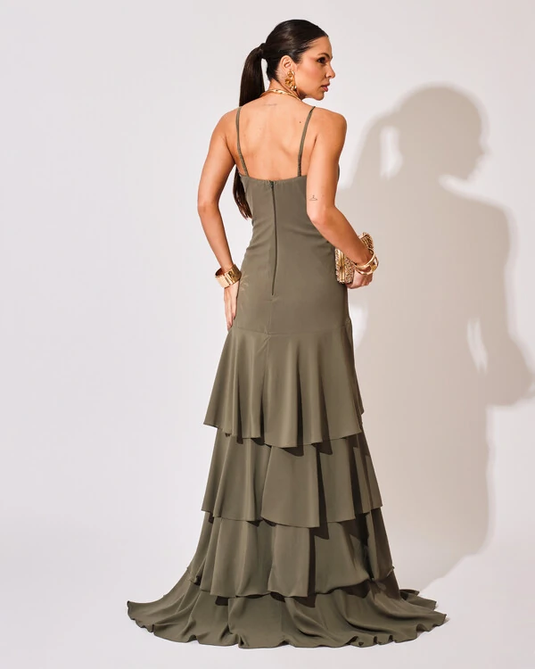 Vestido Longo Crepe com Babado em Camadas Verde Oliva