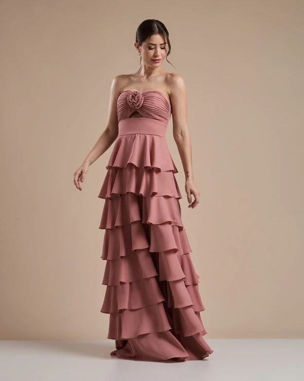 Vestido Longo Crepe Chiffon Tomara que Caia Plissado em Camadas Rose