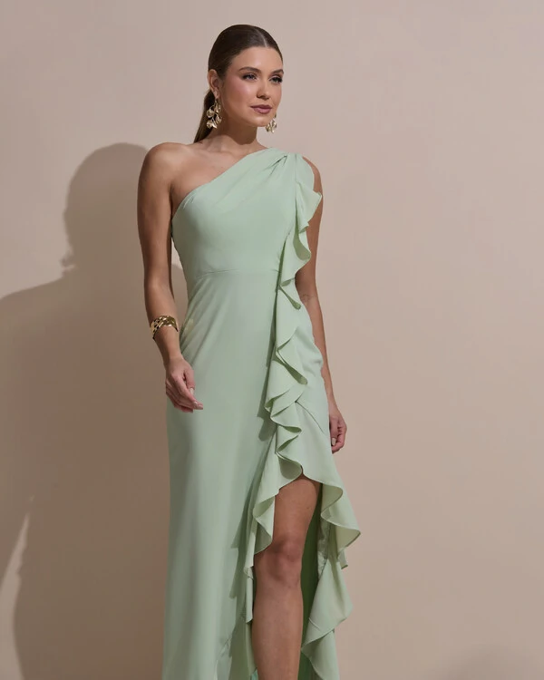 Vestido de Festa Midi Um Ombro Só Crepe Chiffon Babados Cascata Fenda Verde Menta New