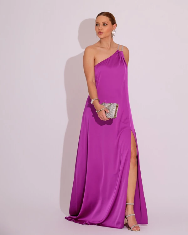 Vestido de Festa Longo Cetim Um Ombro Só Fucsia